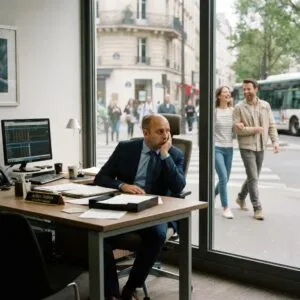 Image of a bored bank advisor in his branch