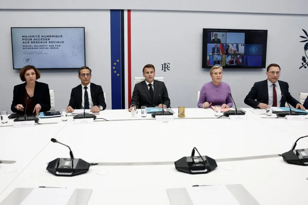 French President Emmanuel Macron during a video call on social media age restrictions
