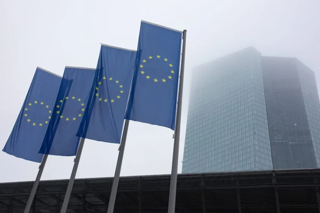 EU flags outside the ECB in Frankfurt
