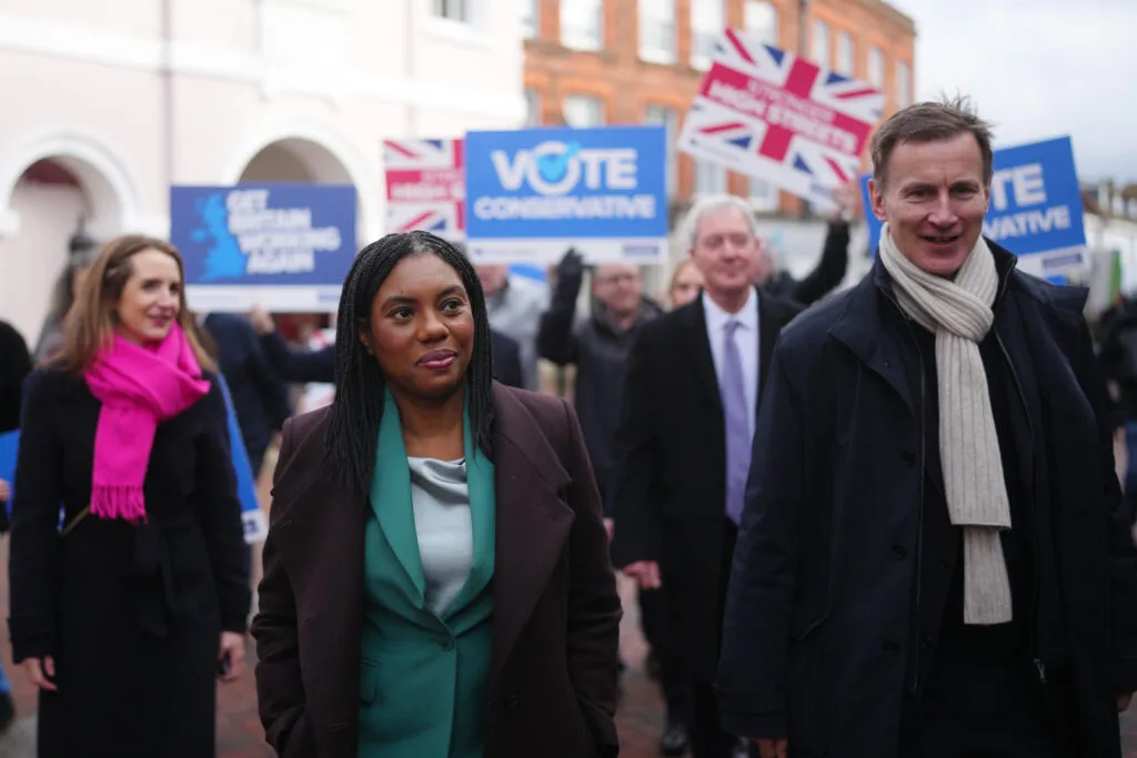 Conservative Party Leader Kemi Badenoch and former Chancellor Jeremy Hunt in Godalming, England, Feb. 9, 2026