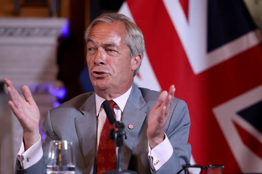 Farage at a Clacton event, Aug. 10, 2026